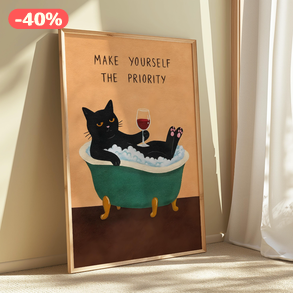 “Make Yourself the Priority” macskás falikép – inspiráló, modern dekor, 42×30 cm