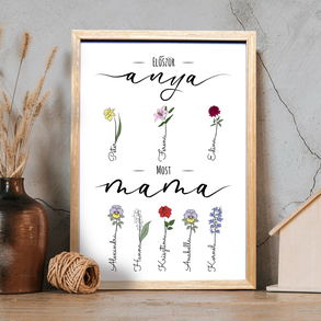 Először anya, most mama grafika a hónapok virágaival, gyermekek és unokák nevével (digitálisan vagy fotópapíron)