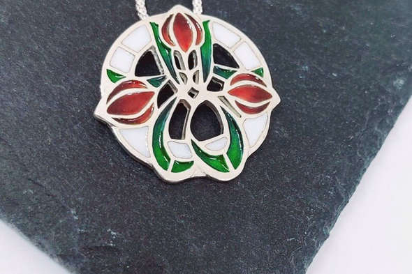 Hej' tulipán - Körtánc ezüst tűzzománc medál - piros-fehér-zöld 