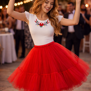 Hímzett body piros tüllszoknyával