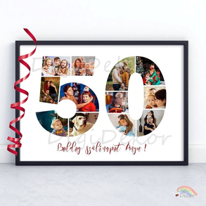 Egyedi fotómontázs 50. születésnapra. Fényképes szülinapi ajándék. 