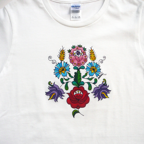 Kézzel festett pamut PÓLÓ, magyar népművészet, szentistváni matyó virágos minta, színes, fekete és fehér