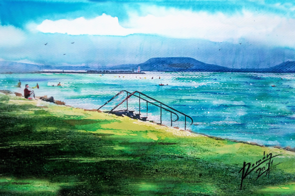 Balaton, Strand, Badacsony,balatoni akvarell, Vitorlás, Vitorlázás,festmény