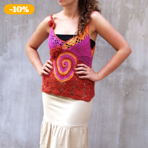 Boho női blúz színes bohém horgolt mellény Frida Kahlo ihletésű oeko-tex pamut
