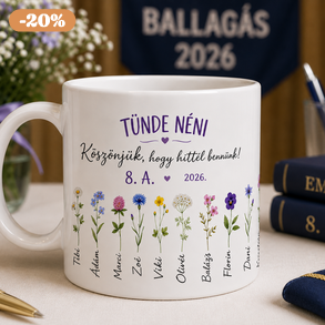 Ballagási Ajándék Bögre Óvónőknek és Tanároknak – Egyedi Névvel, Virágmintával