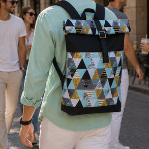Akciós! Menta - ezüstös-szürke- vízálló hátizsák - fekete valódi bőrrel - rolltop - ajándék - ballagásra - unisex