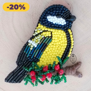 DIY - KIT - gyöngyfűző csomag - Gyöngyhímzett cinke bross 