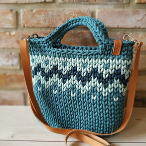 Horgolt női crossbody táska teal színben bőr vállpánttal - Cikk-cakk mintával - BIG