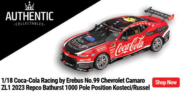 Authentic Collectables ACD18C23Q 1/18 Coca-Cola Racing by Erebus No.99 Chevrolet Camaro ZL1 2023 Repco Bathurst 1000 Pole PositionBrodie Kostecki / David Russell