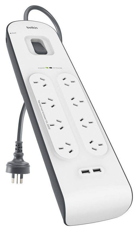 Image of Belkin - 8 Outlet Surge Protector with 2 x 2.4A Shared USB Charging - 2 Metres