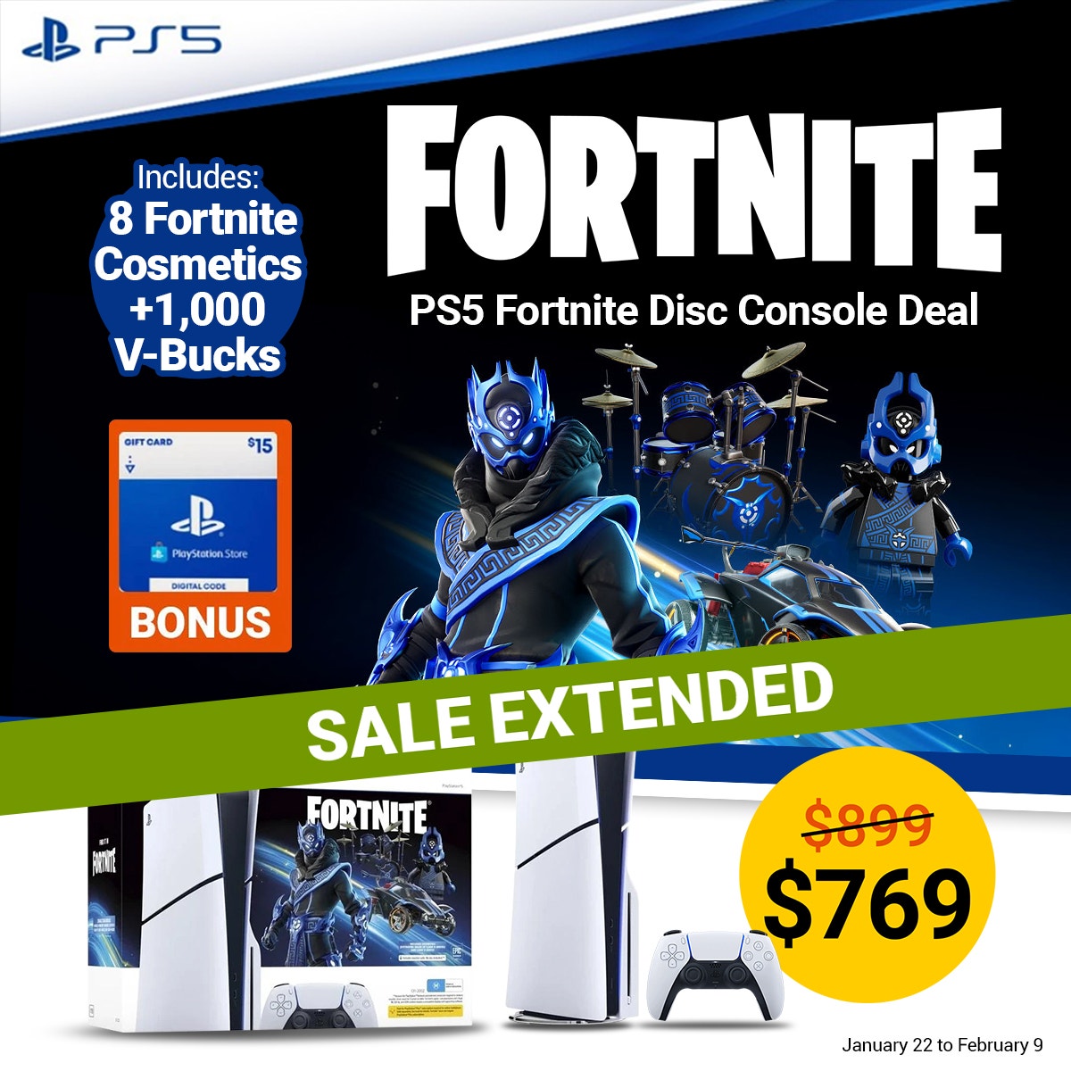 PS5 Disc Fortnite Cobalt Star Console Bundle (Slim)