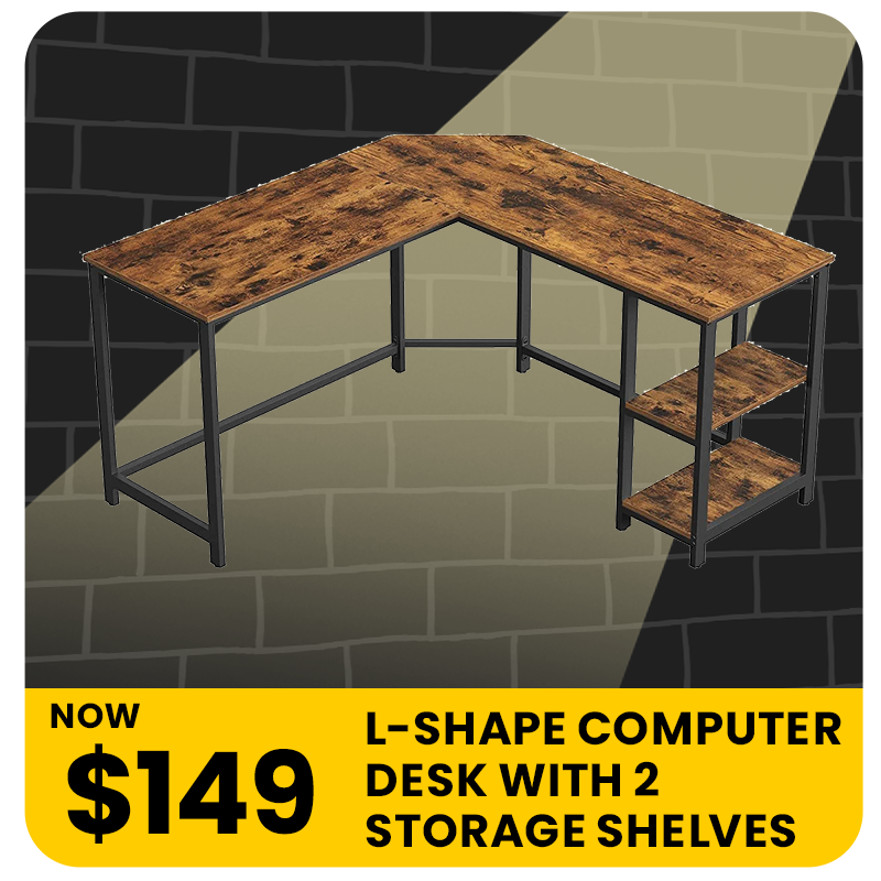 Vasagle L-Shape Computer Desk with 2 Storage Shelves - Rustic Brown