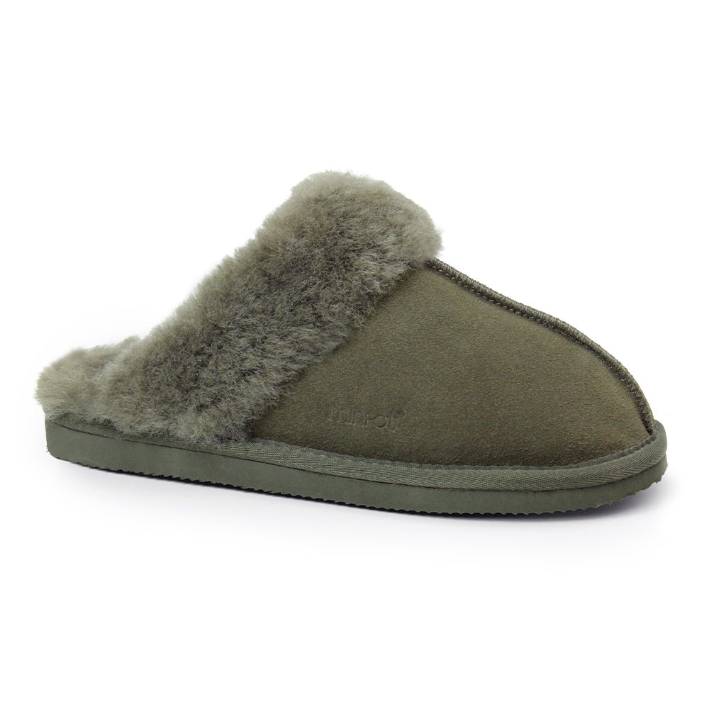 Image of Minfot Fårskinnstofflor Slip-on Duved med sula Mörk Olivgrön