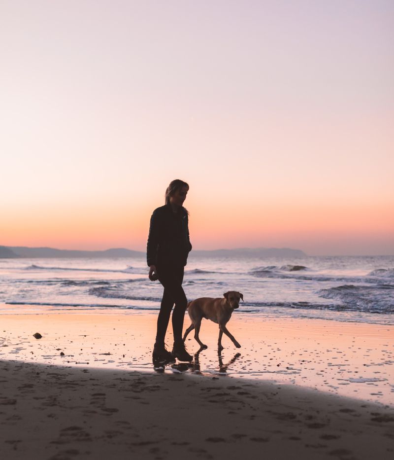 En kvinna på promenad med sin hund på stranden