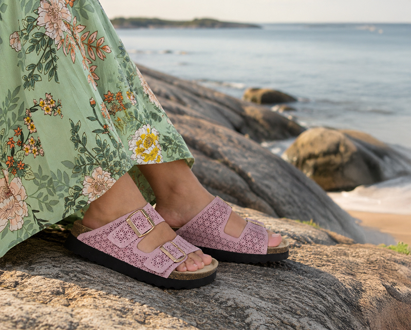 Rosa sandaler i mocka med utskuret blomstermönster