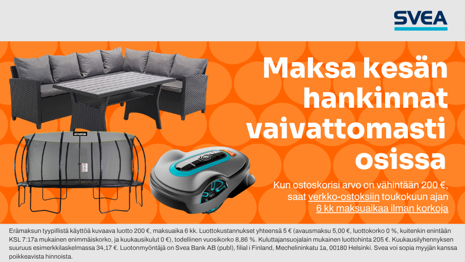 Maksa kesän hankinnat vaivattomasti osissa! Toukokuussa vähintään 200 € verkko-ostoksiin 6 kk korotonta maksuaikaa.