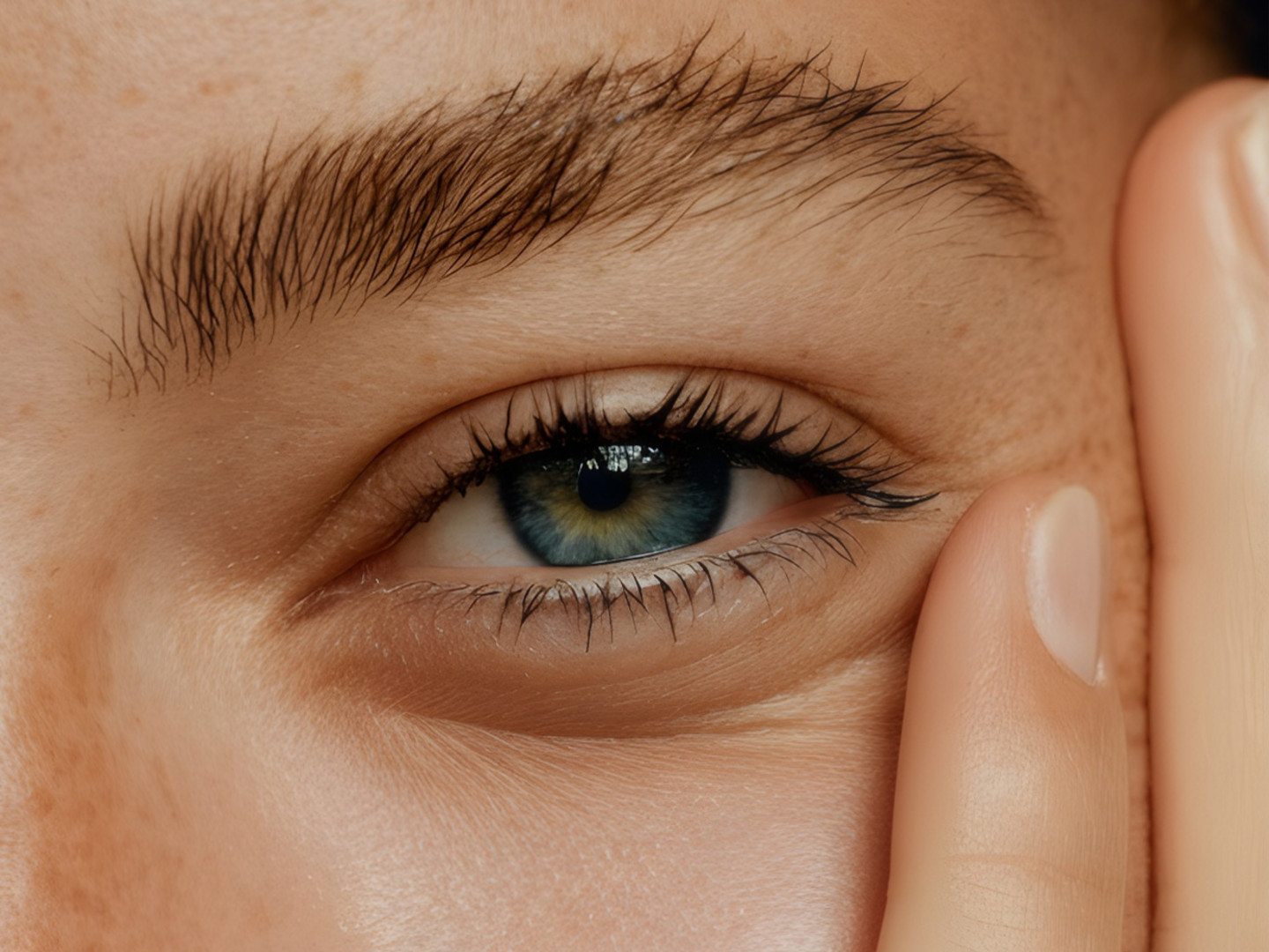Nahaufnahme eines menschlichen Auges mit grüner Iris und sichtbaren Wimpern. Ein Finger berührt sanft die Haut neben dem Auge.