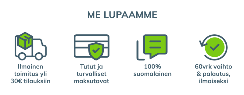 Me lupaamme ilmaisen ja nopean toimituksen yli 30€ tilauksiin.