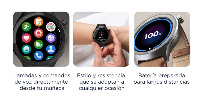 Llamadas y comandos de voz directamente desde tu muñeca | Estilo y resistencia que se adaptan a cualquier ocasión | Batería preparada para largas distancias