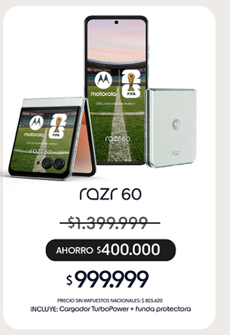 RAZR 60 | $999.999 | PRECIO SIN IMPUESTOS NACIONALES: $825.620 | INCLUYE: Cargador Turbo Power + funda protectora