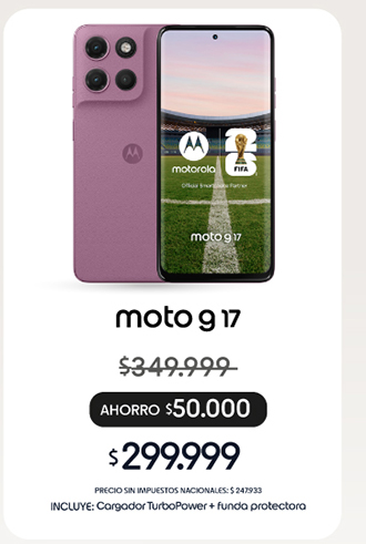 MOTO G17 | $299.999 | PRECIO SIN IMPUESTOS NACIONALES: $247.933 | INCLUYE: Cargador Turbo Power + funda protectora