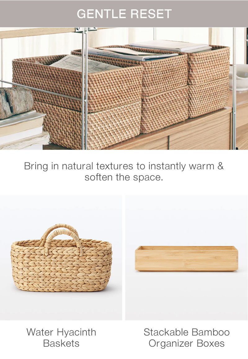 Gentle Reset: Shop Water Hyacinth Baskets, Stackable Bamboo Organizer Boxes 