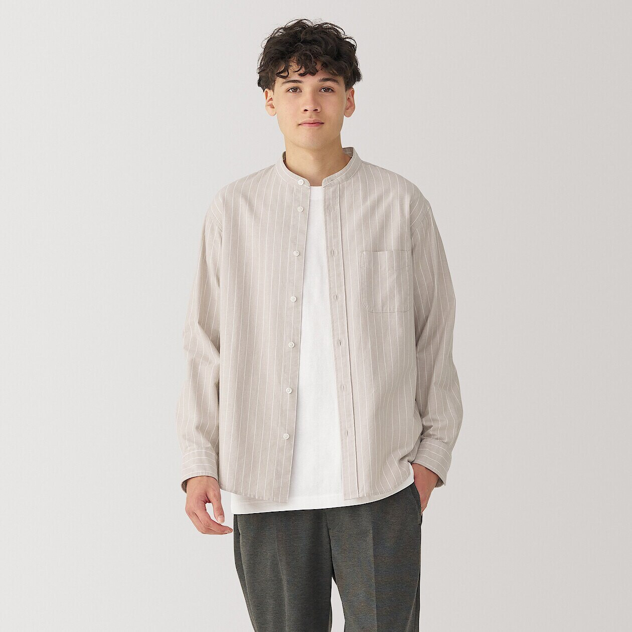 Image of Men's Washed Oxford Stand Collar Long Sleeve Shirt…