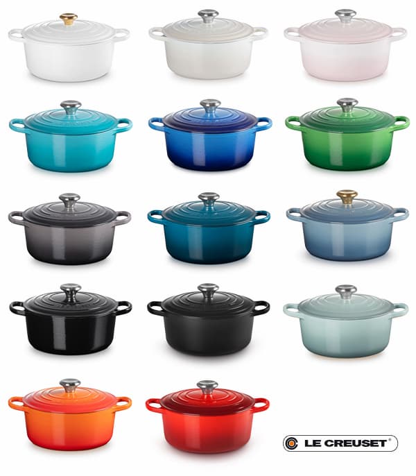 Collage av Le Creuset-gryter