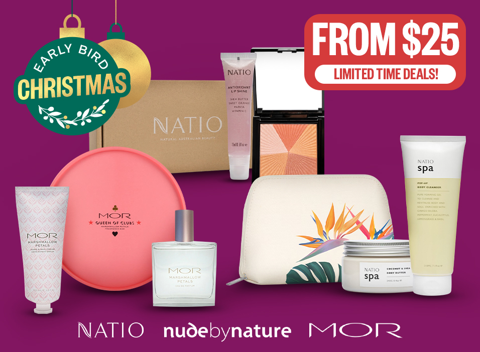 Limited Time Deals! From $25| Logos: Nude By Nature, MOR, Natio | Badge: Early Bird Xmas