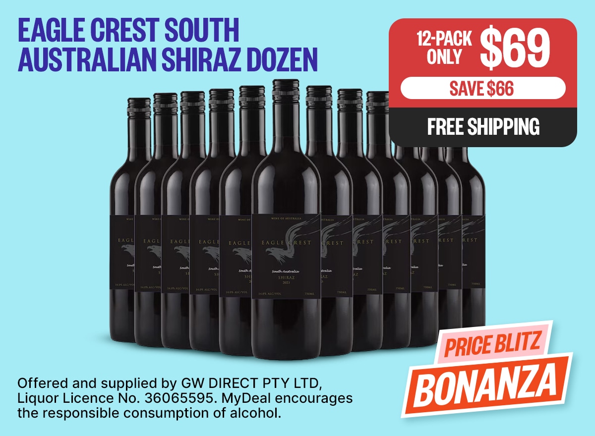 Eagle Crest South Australian Shiraz Dozen - 12-Pack Only $69 | Save $66 | Free Shipping | Badge: Price Blitz Bonanza | Fineprint: This Product is offered and supplied by GW DIRECT PTY LTD, Liquor Licence No. 36065595. MyDeal encourages the responsible consumption of alcohol.