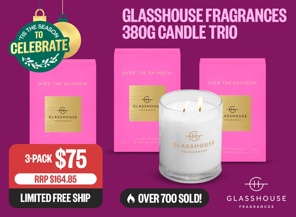 Glasshouse Fragrances 380g Candle Trio - [R] RRP $164.85 | 3-Pack $75 | Limited Free Ship | Logo: Glasshouse | Badge: Over 700 Sold! | Badge: 'Tis The Season