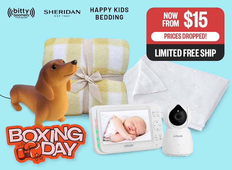 BOXING DAY EA: Prices Dropped! | Now From $15 | Limited Free Ship | Logos: Bitty Boomer, Sheridan, Happy Kids