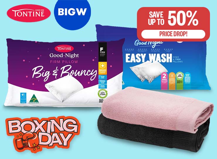 BOXING DAY: Price Drop! | Save Up to 50% | Logos: BIG W, Tontine