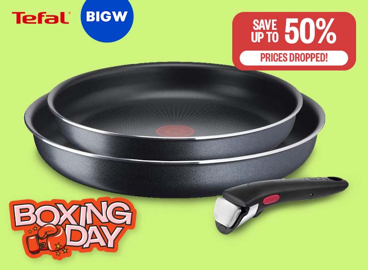 BOXING DAY:  Prices Dropped! | Save Up to 50% | Logos: BIG W, Tefal