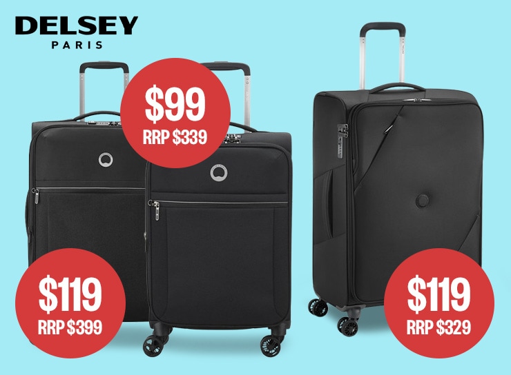 55cm (RRP $339 | $99) | 67cm (RRP $399 | $119) | 68cm (RRP $329 | $119) | Logo: Delsey