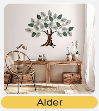 Alder metal tree wall art above wooden console table with rattan chair, plants in neutral living room