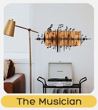 Musical wall art showing wooden soundwave with notes above a vinyl record player in a cosy living room with floor lamp and sofa