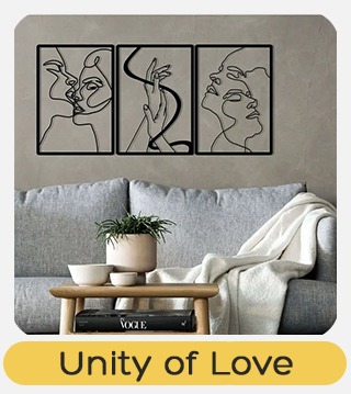Three-panel continuous line wall art of abstract faces and figures above a grey sofa in modern living room, titled 'Unity of Love'