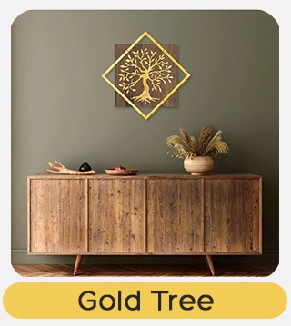 Gold tree wall art in diamond frame above rustic wooden sideboard with vase of dried grasses