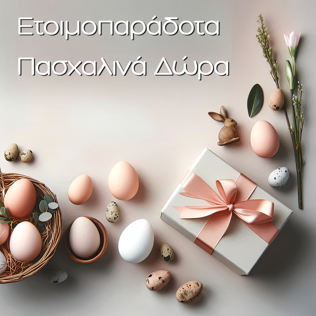 Flatlay of pastel Easter eggs in a basket, small rabbit figurine, tulip sprig and a wrapped gift with pink ribbon under Greek text