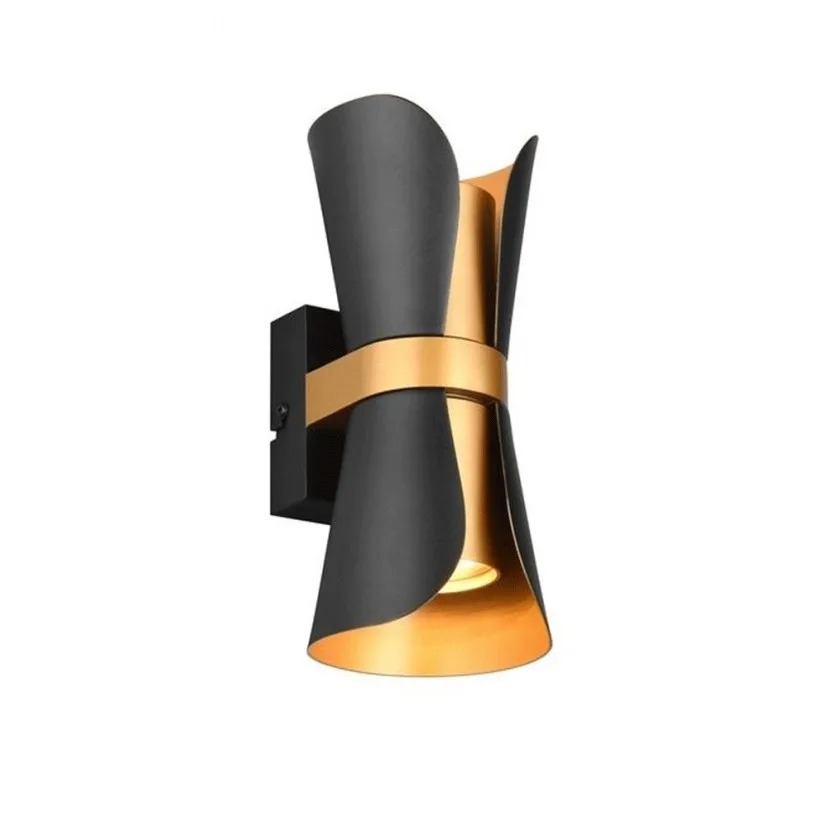 Modern black and gold wall sconce with curved dual shades casting warm up-and-down light