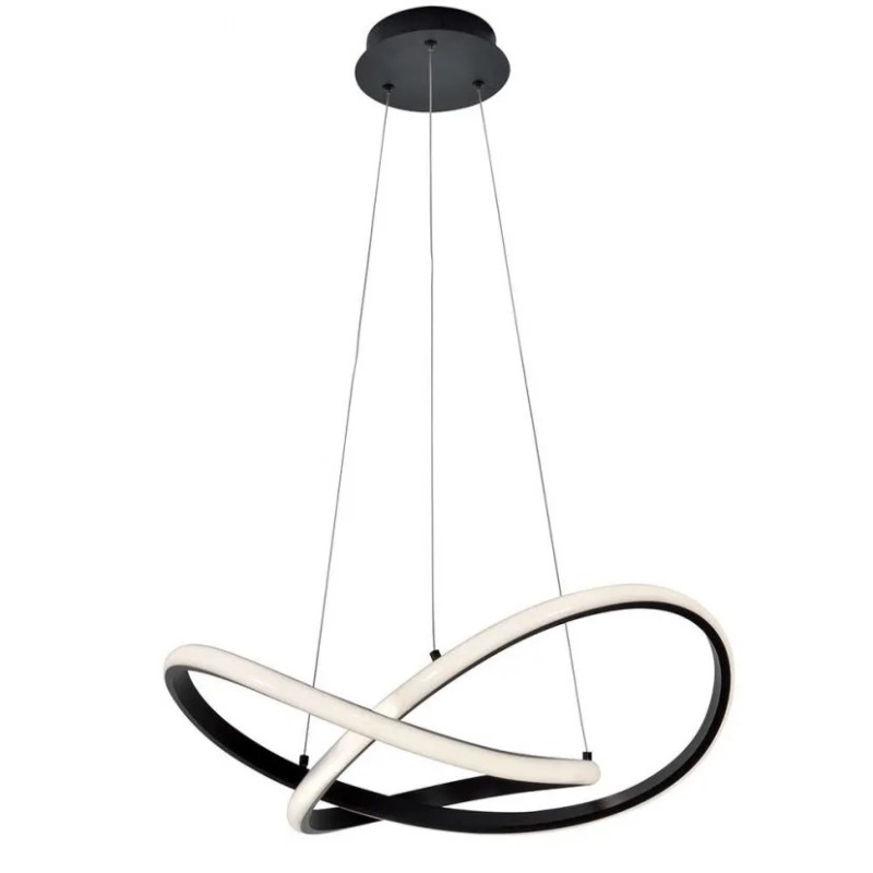 Modern black-and-white LED infinity loop pendant light with three thin suspension cables, minimalist ceiling lamp