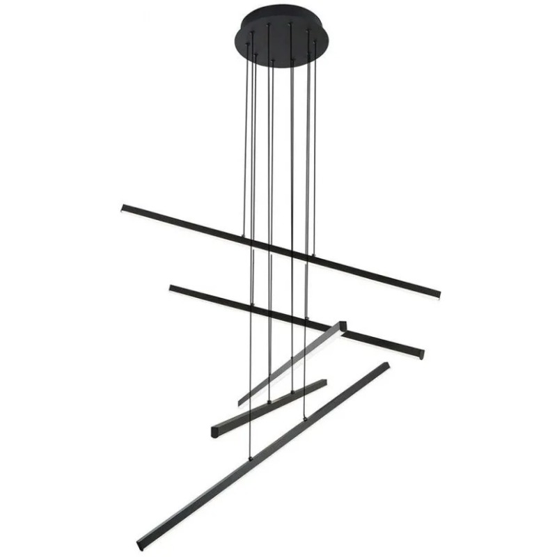 Modern black linear LED pendant light with six staggered suspended bars, slim minimalist chandelier for dining or living room