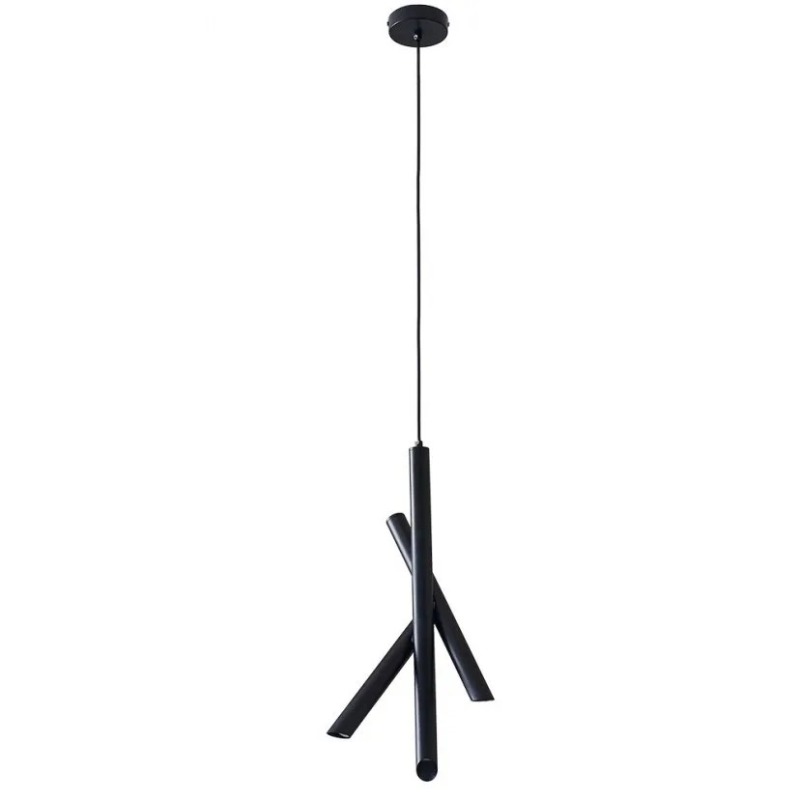 Black modern tubular pendant light with three angled LED tubes hanging from ceiling on slim cord and round canopy