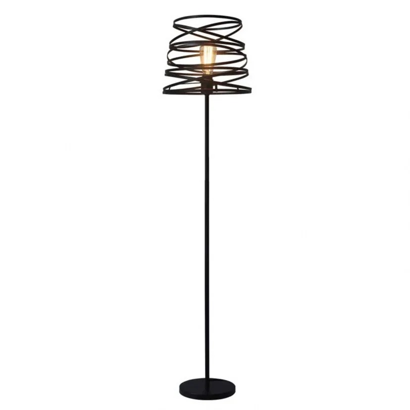 Black metal floor lamp with spiral openwork shade and exposed warm Edison bulb, slim pole and round base
