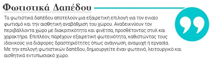 Greek heading 'Φωτιστικά Δαπέδου' and paragraph about benefits and aesthetics of floor lamps, with teal quotation-mark graphic