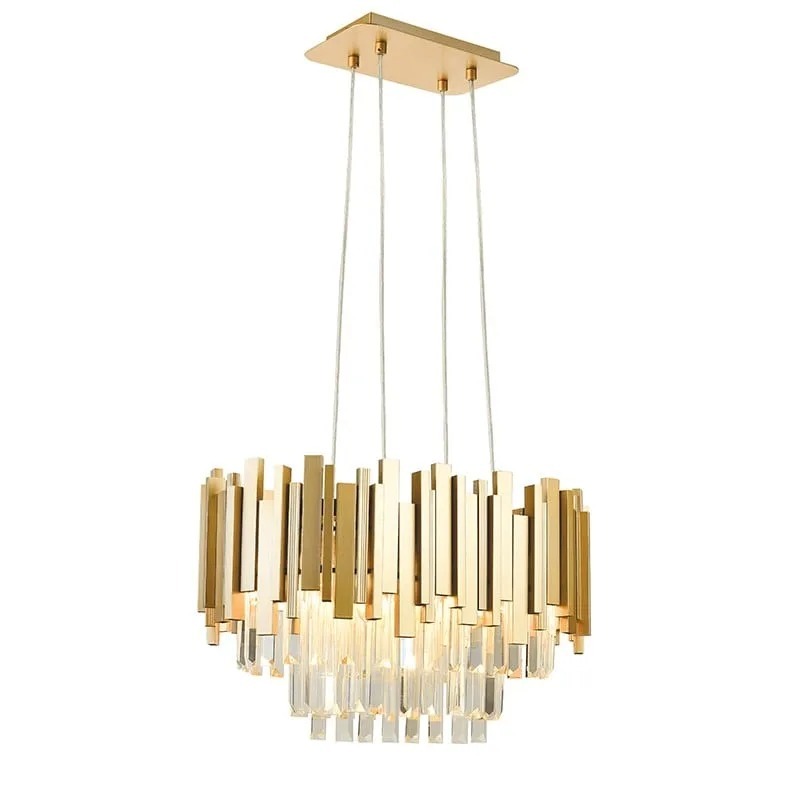 Modern gold pendant chandelier with layered rectangular metal bars and clear crystal prisms, suspended by four cables