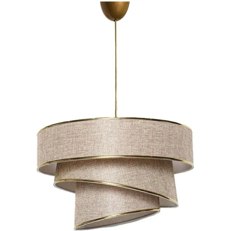 Beige spiral layered fabric pendant light with brass trim, suspended ceiling lamp for living room or dining area