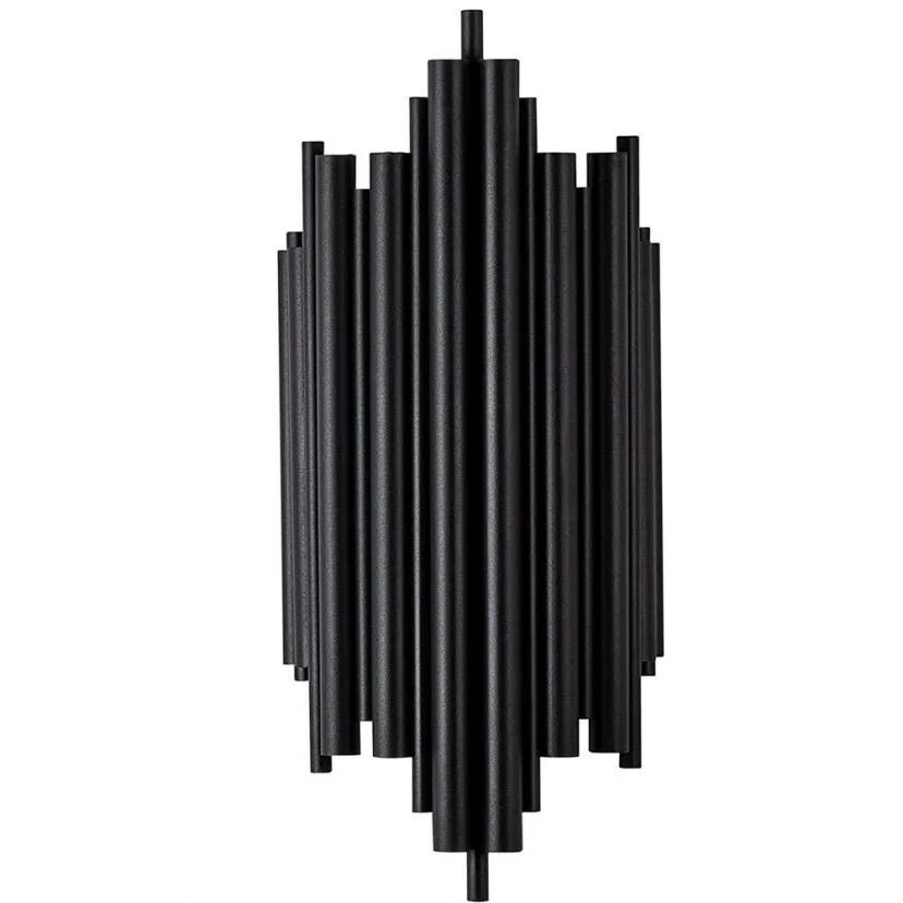 Modern black metal wall sconce made of staggered vertical tubular rods forming a sculptural pendant-style light