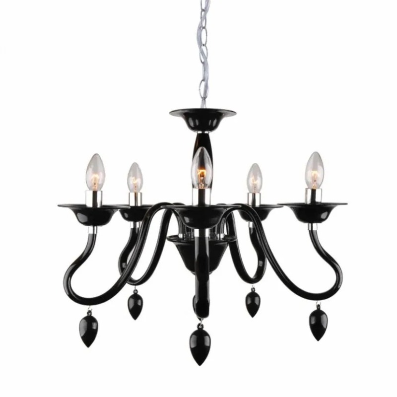 Black five-arm glass chandelier with candle-style bulbs, teardrop glass pendants and chrome accents, hanging from a metal chain